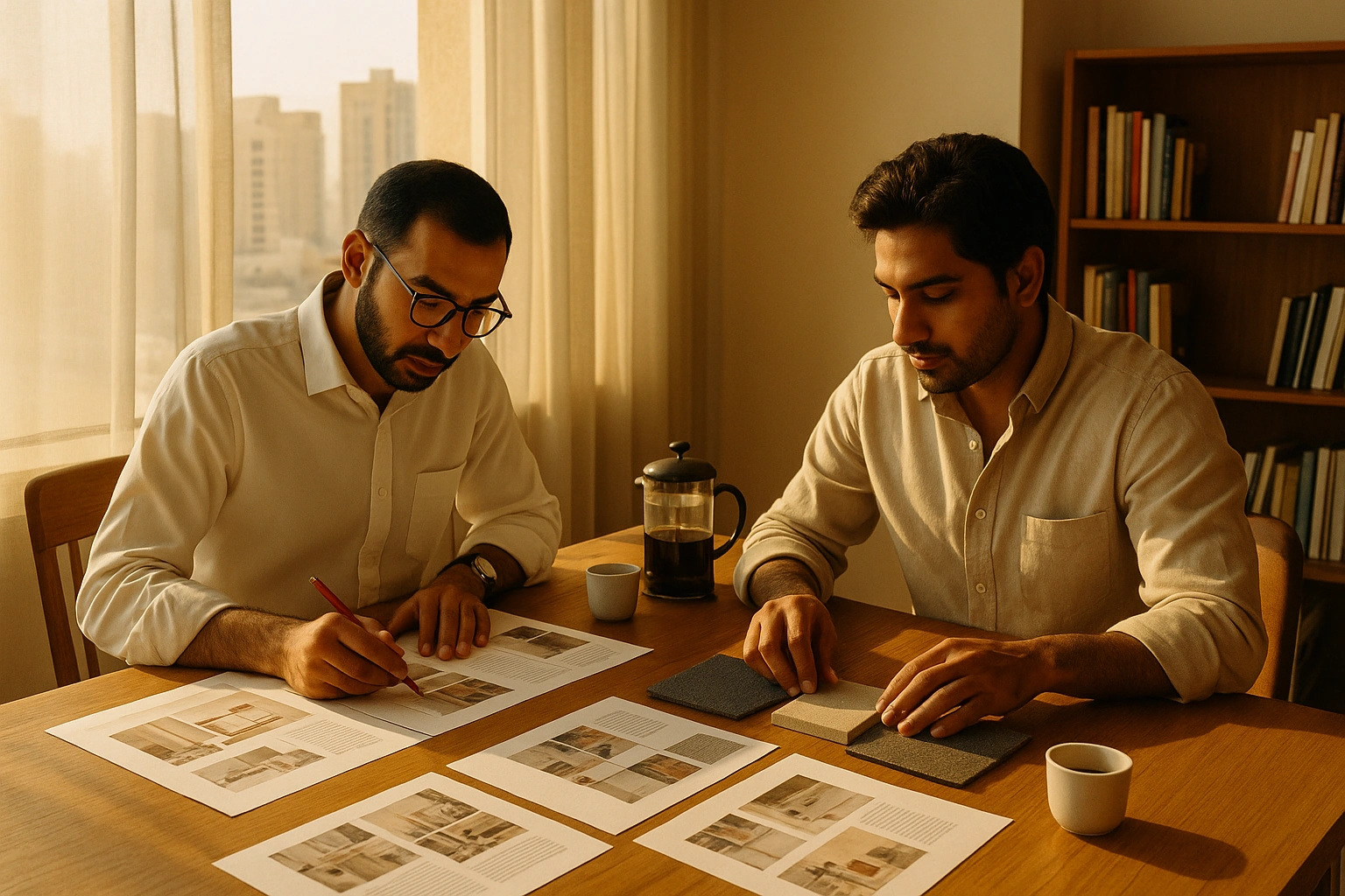 Two editors at a long timber desk by a window, one marking up printed layouts, with fabric and stone samples between them.