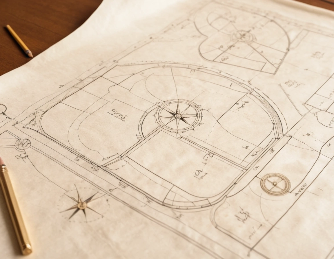 A pencil site plan of a villa plot overlaid with two curved sun paths marked June and December.
