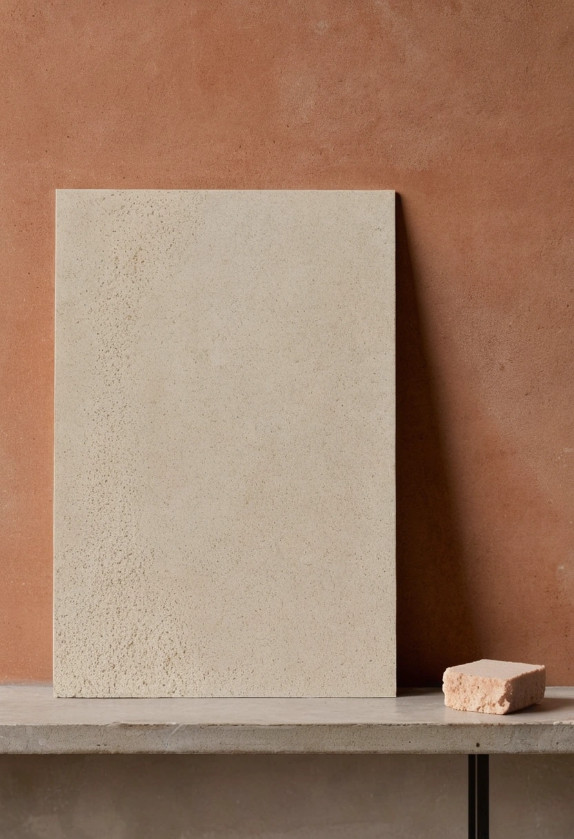 A render sample panel propped on a bench against a terracotta wall, with a broken corner piece beside it.