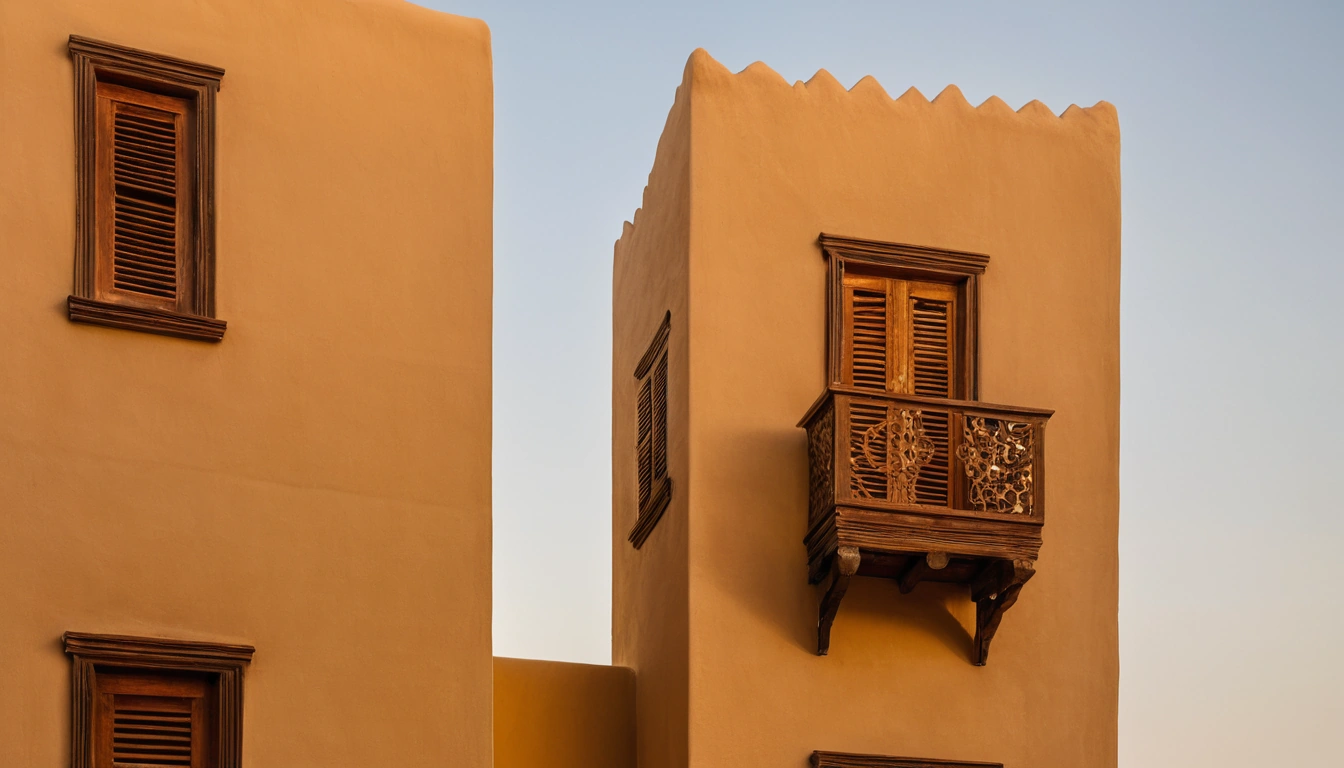 A crenellated plaster tower house with a carved timber balcony and shuttered windows, in the manner of the old Gulf merchant quarters.