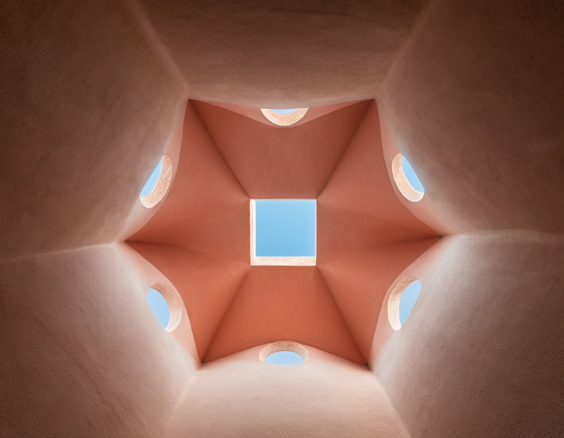 The interior shaft of a wind tower seen from below, four plastered ducts open to a bright square of sky.
