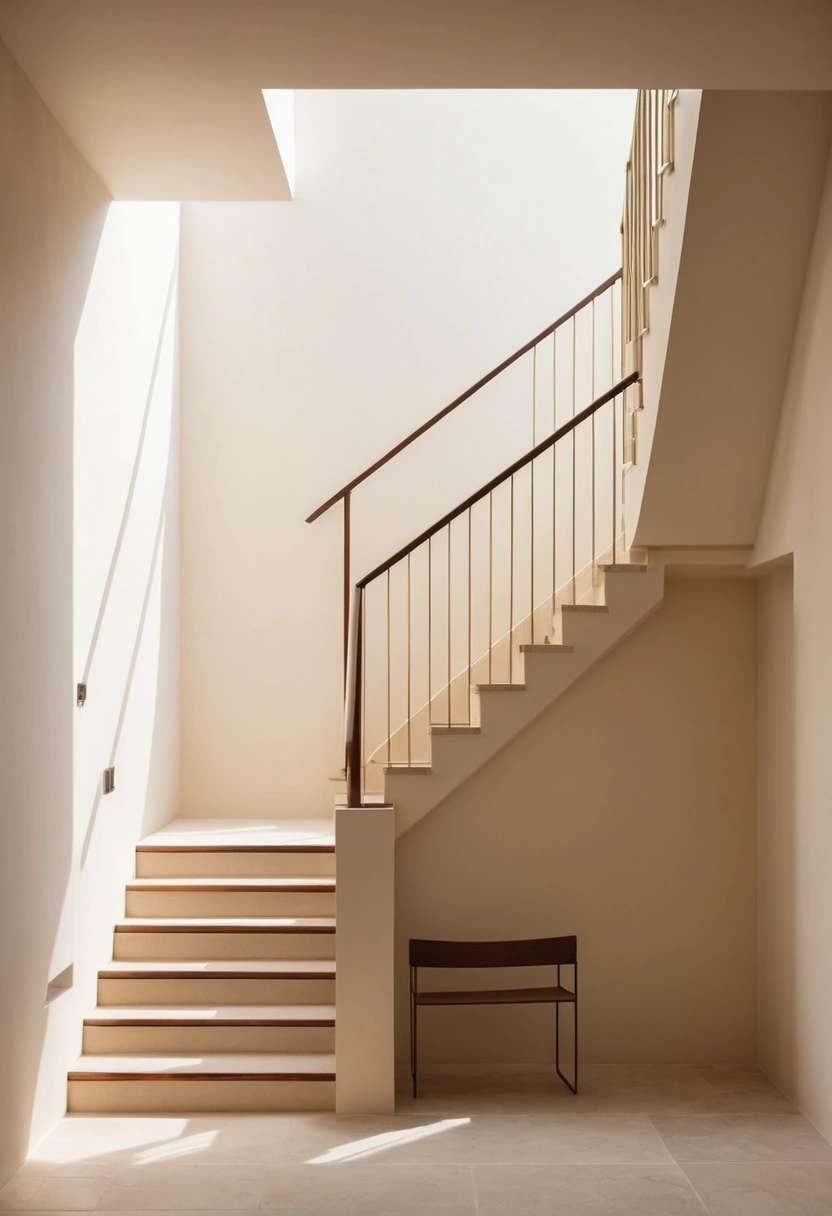 A double-height stairwell in a modern villa with a high open clerestory window and pale plastered walls.