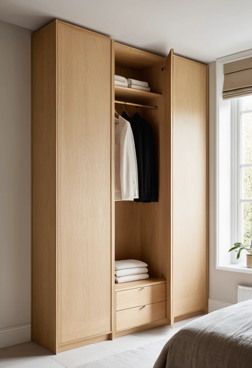 A fitted wardrobe in pale oak veneer scribed neatly around a ceiling bulkhead, with brass handles and open shelving.