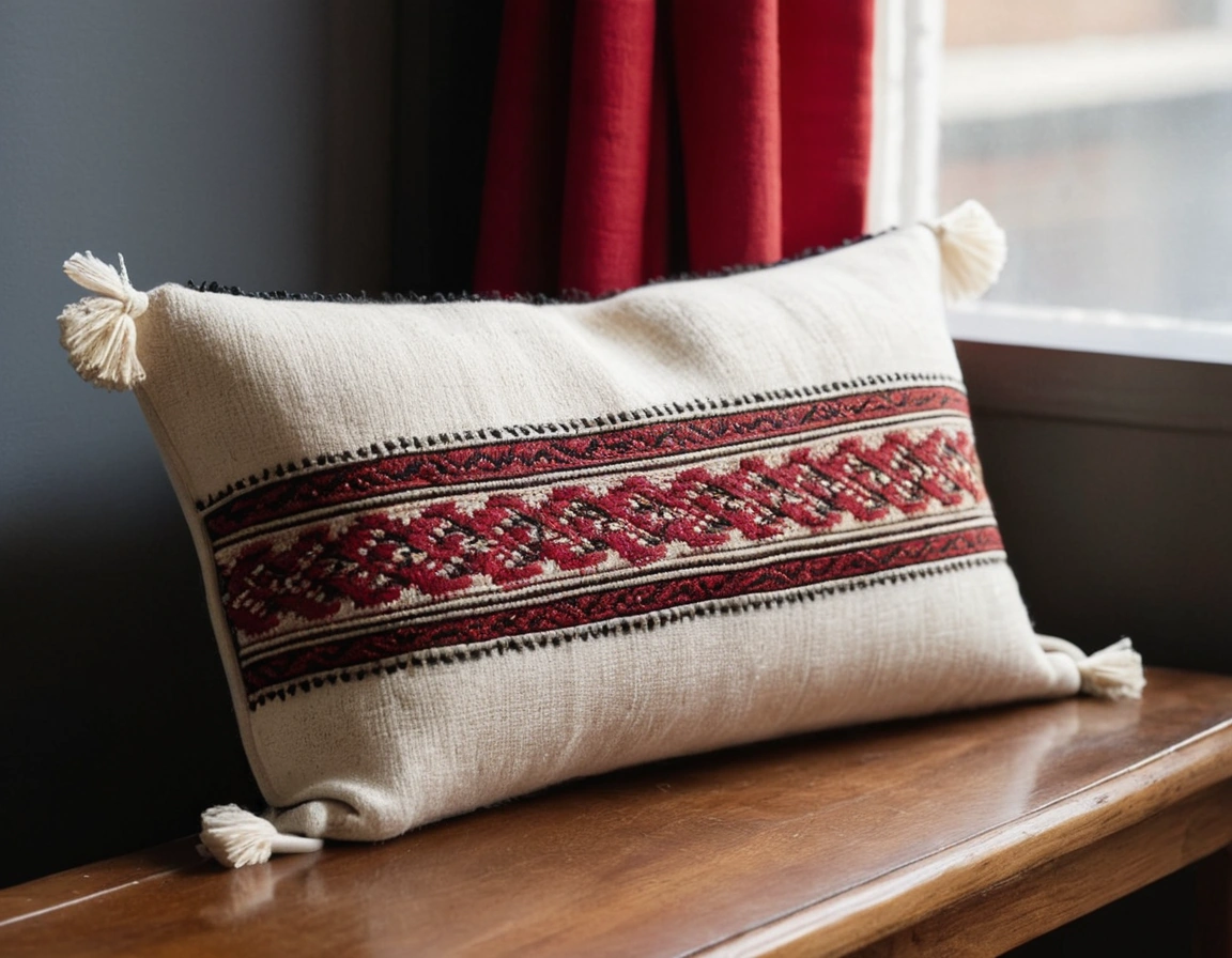 A cream wool cushion on a low bench with a narrow hand-woven sadu band in red and black along its hem.