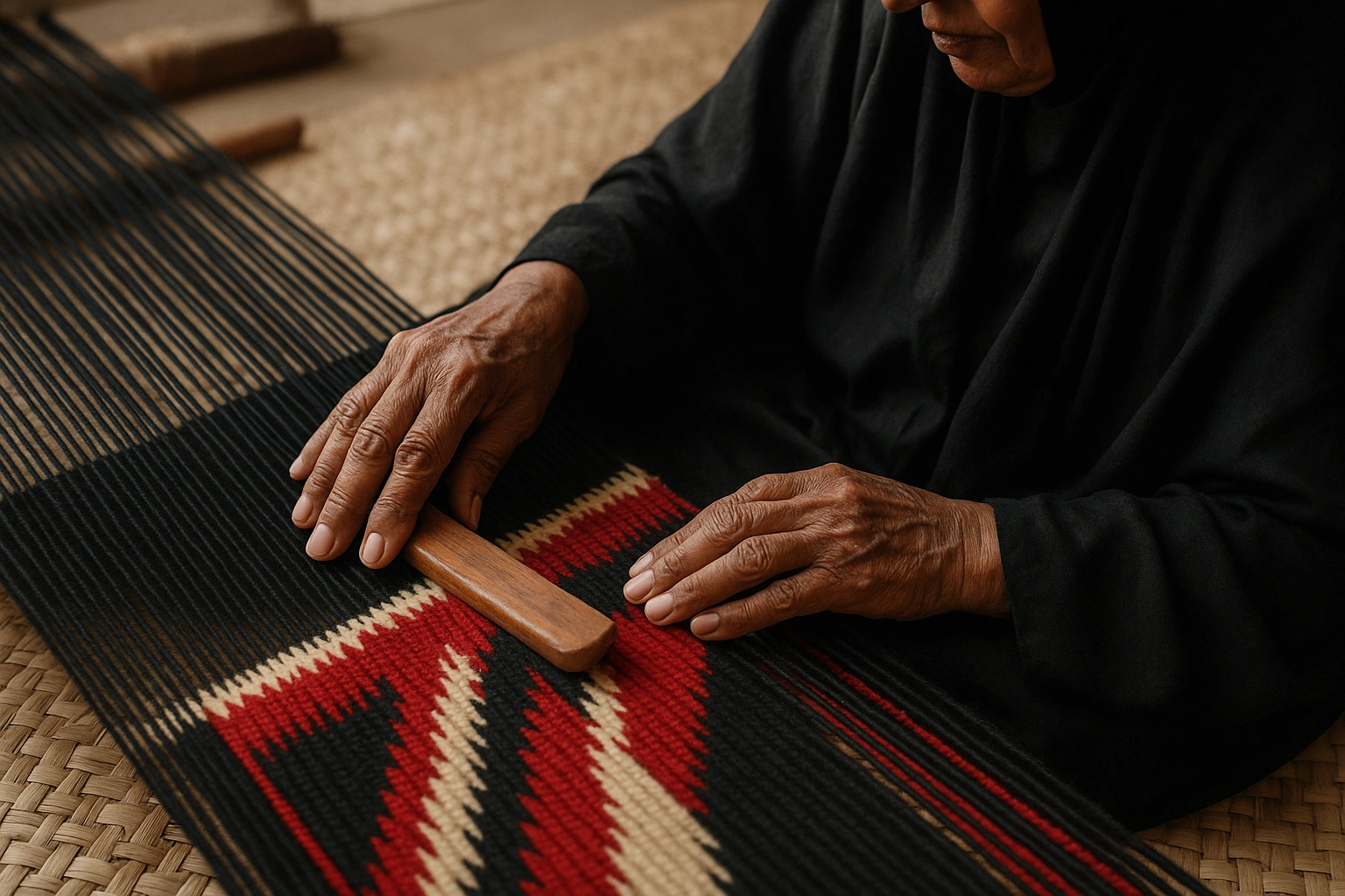 The hands of a weaver beating the weft on a ground loom strung with red, black and cream wool.