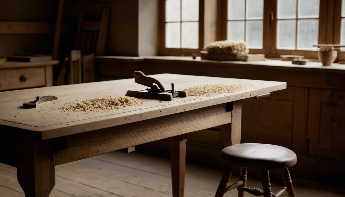 A joinery workbench with hand planes, walnut offcuts, brass hardware and a chair frame mid-assembly.