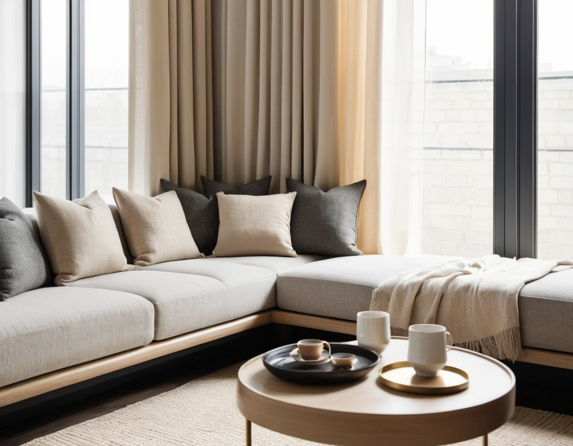 Low armless sofa modules running along two walls of a majlis, with woven cushions and a brass coffee tray on a low table.