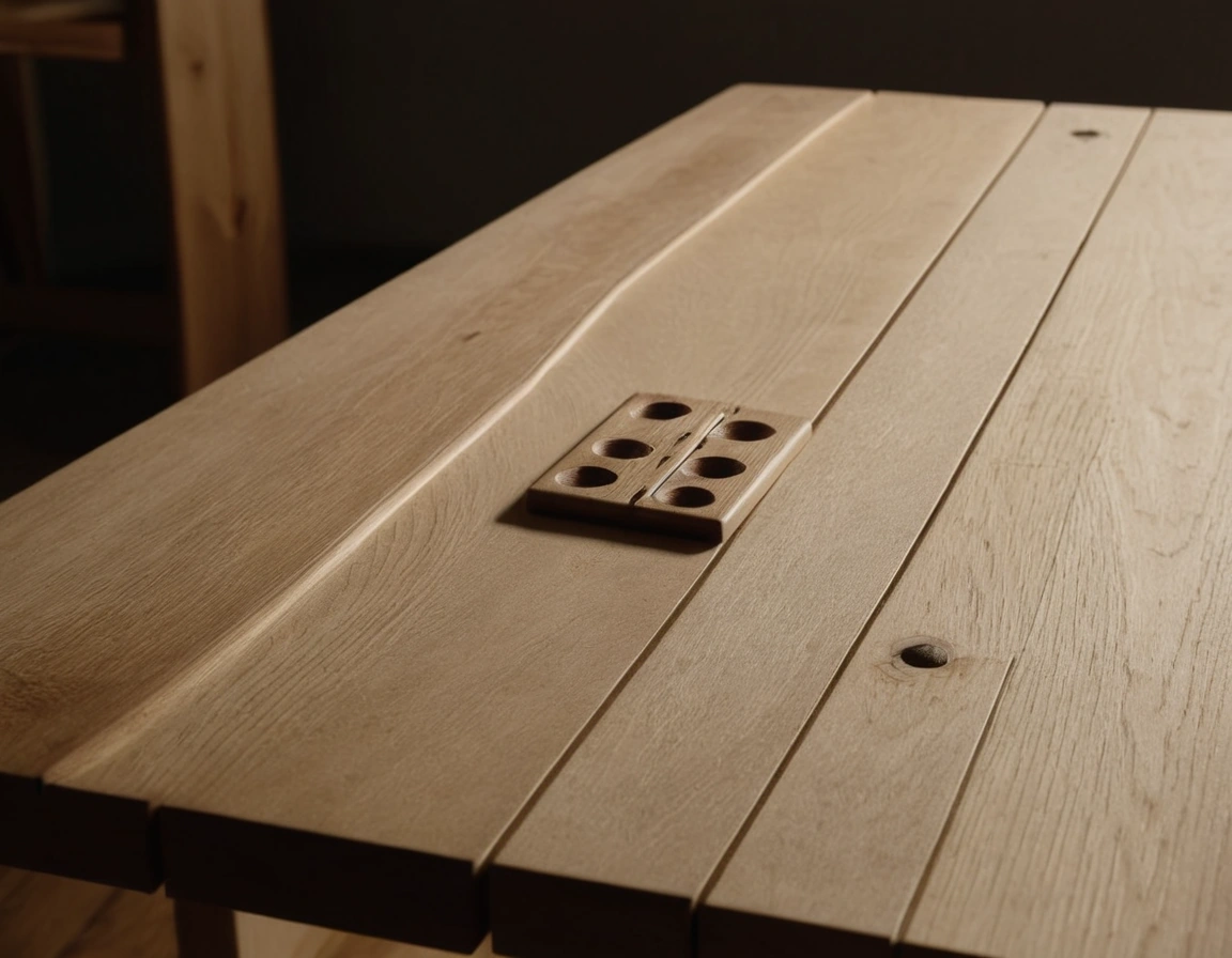 An upturned table top in white oak showing slotted fixing buttons that allow the timber to move.