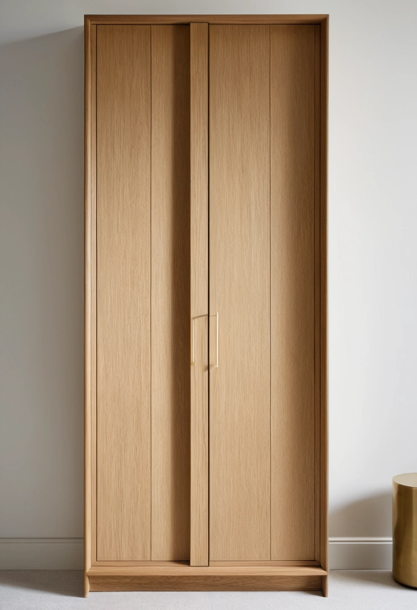A frame-and-panel wardrobe door in white oak beside a small brass hygrometer on a shelf.