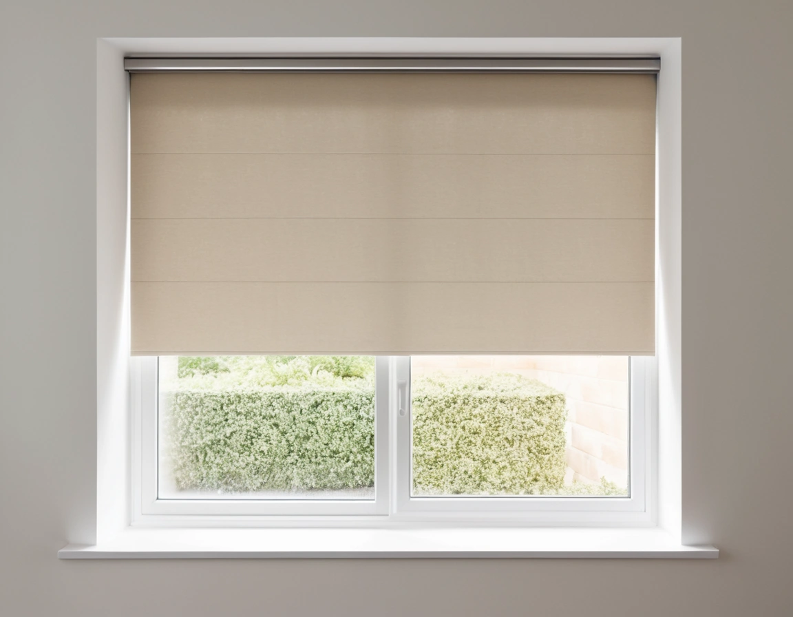 A neutral blackout roller blind lowered flush over a bedroom window recess in a dim room.