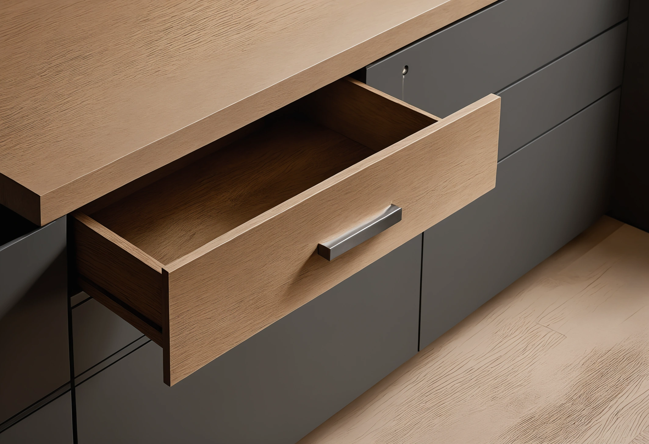 Open drawer showing dovetailed solid timber box construction and a soft-close runner