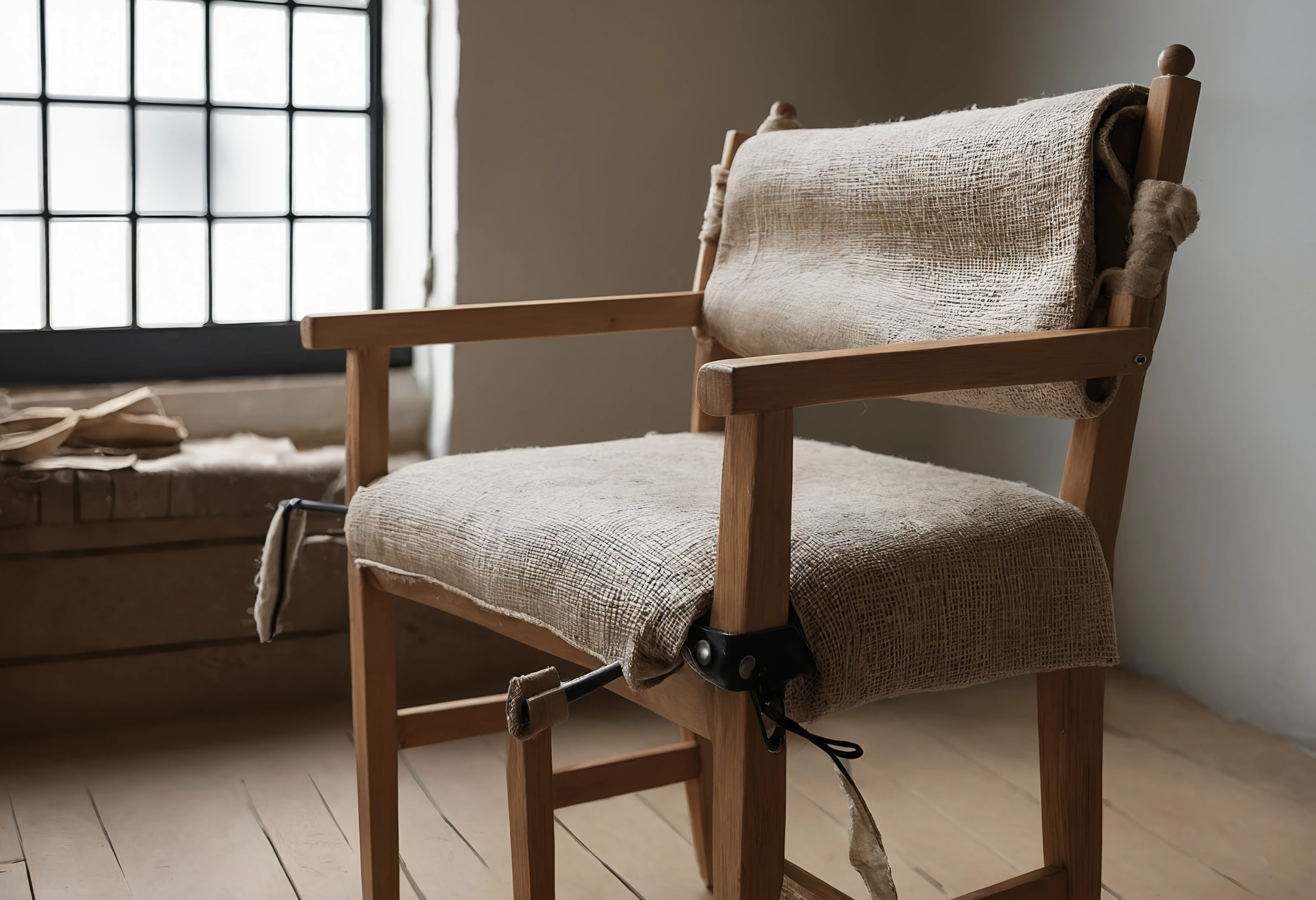 Upholstery workshop bench with a partly covered chair frame, tacks, webbing and hand tools
