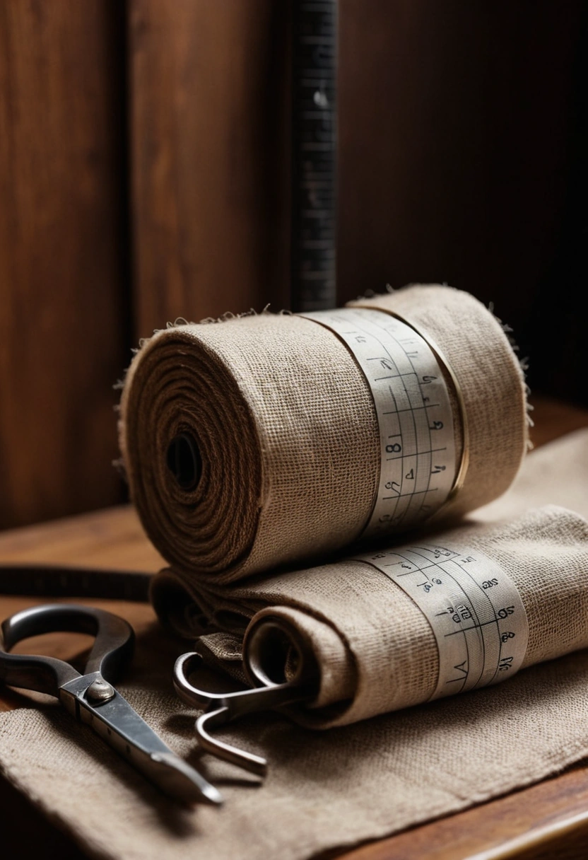 Bolts of linen and blackout lining fabric stacked on a shop cutting table beside a tape measure and tailor's shears.