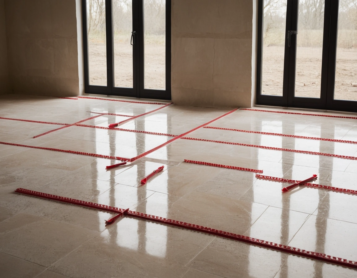 Large-format porcelain tiles laid across an open floor with tight grout lines and red levelling clips along one unfinished row.