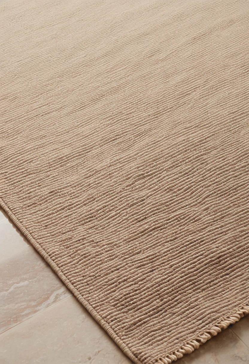 A flat-woven wool rug laid over pale stone flooring beneath a low timber coffee table.