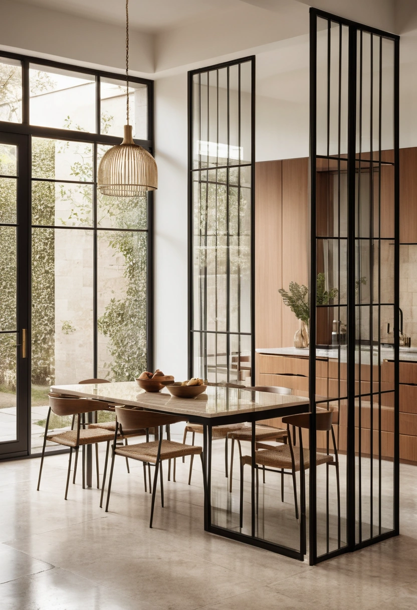 A black-framed glass partition with slender glazing bars separating a compact kitchen from a dining area.