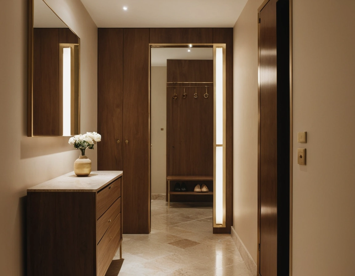 A narrow apartment entry corridor with a shallow shoe cabinet, a full-height mirror and a row of wall hooks beside the front door.