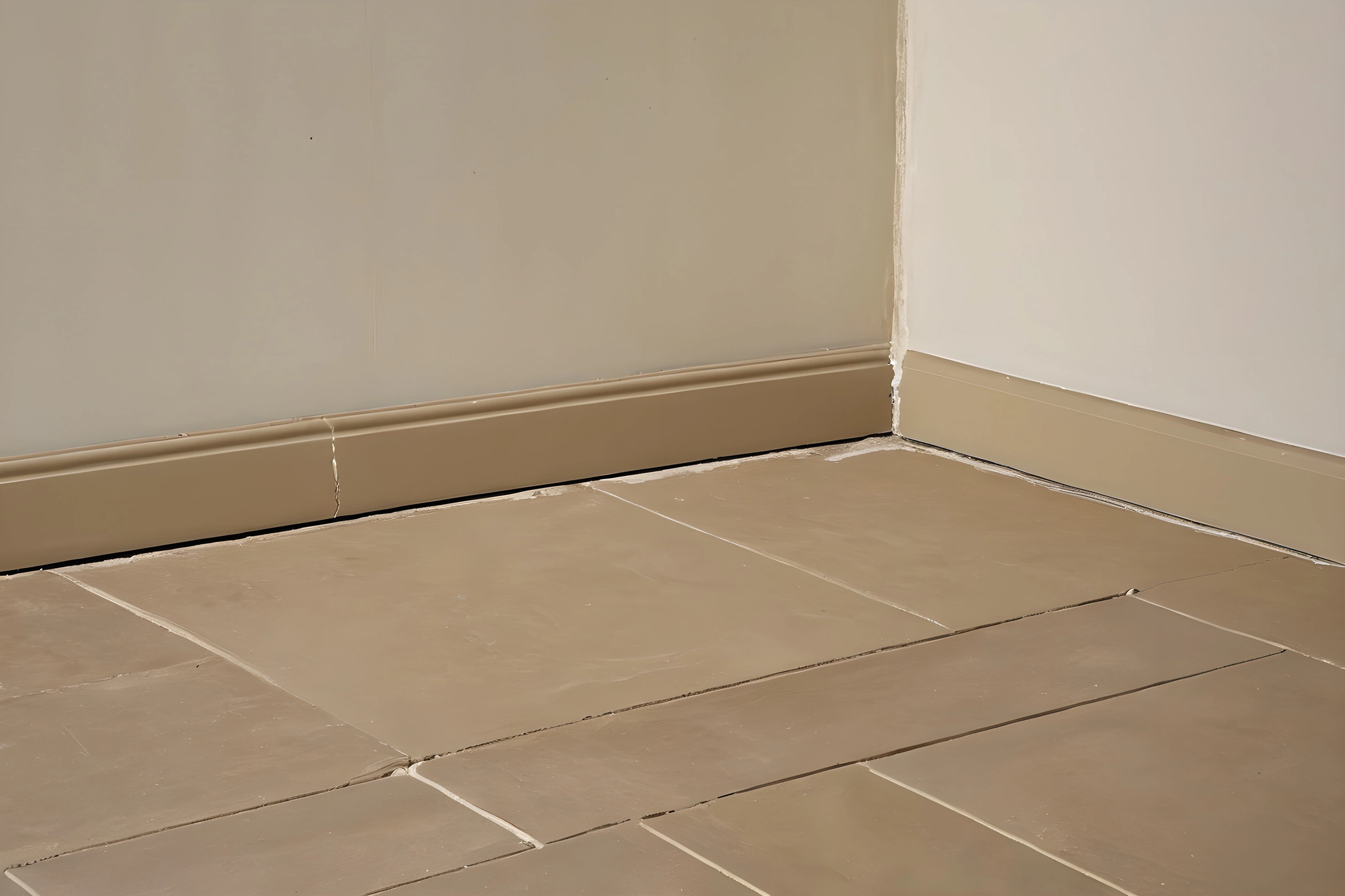 A shallow painted skirting board meeting large format floor tiles in a room corner, photographed low and straight on.