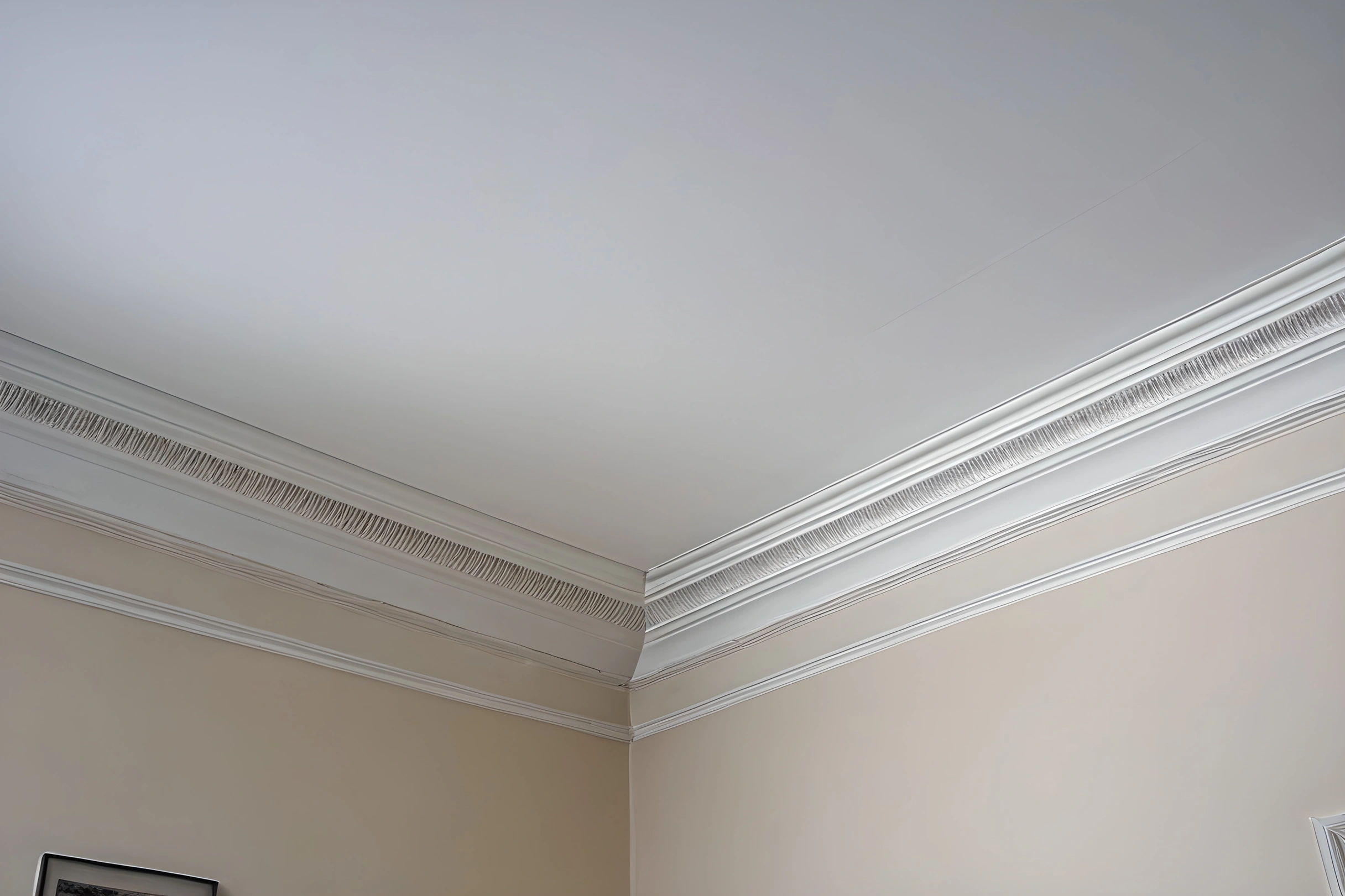A plain plaster cornice running along the junction of a painted wall and a white ceiling, with a slim linear air-conditioning diffuser set flush nearby.