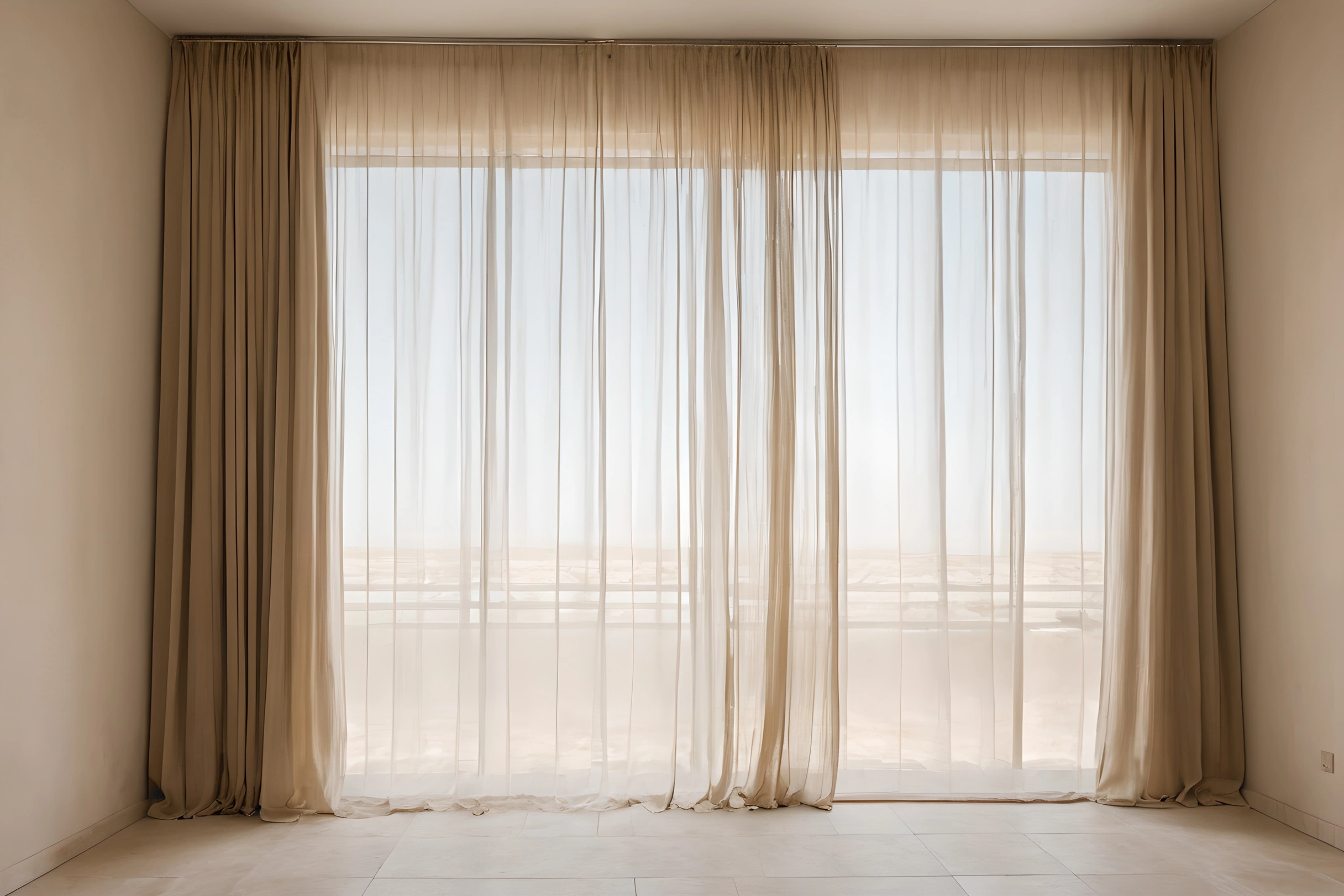 A curtain track fixed flush against the ceiling with a pale sheer curtain hanging its full height beside a tall window.