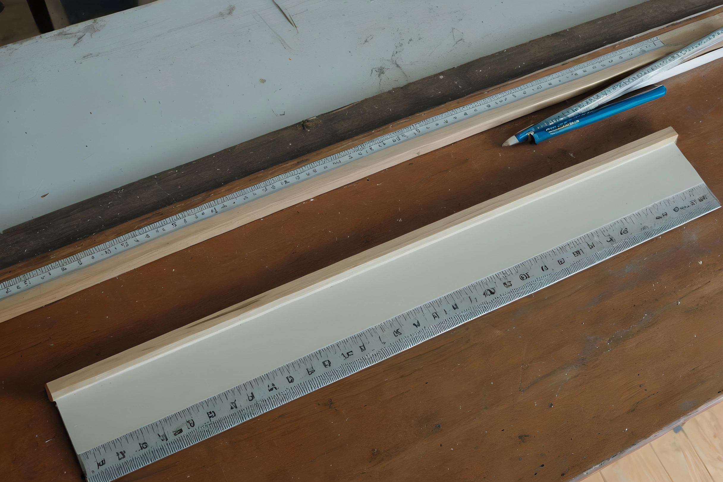 A cornice offcut and a skirting offcut lying on a workbench with a steel rule and a pencil.