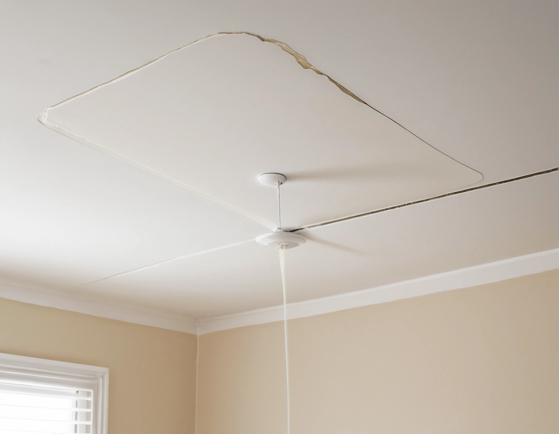 Water seeping through a bedroom ceiling around a light fitting, with a stain line tracing the gypsum joint.