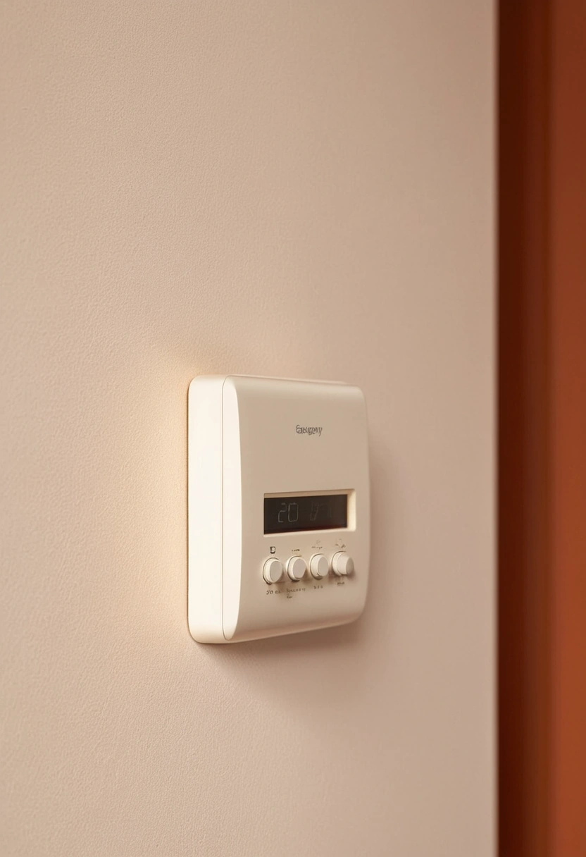 A wall thermostat set to twenty-four degrees beside a bedroom doorway, with a supply grille visible in the corridor ceiling.