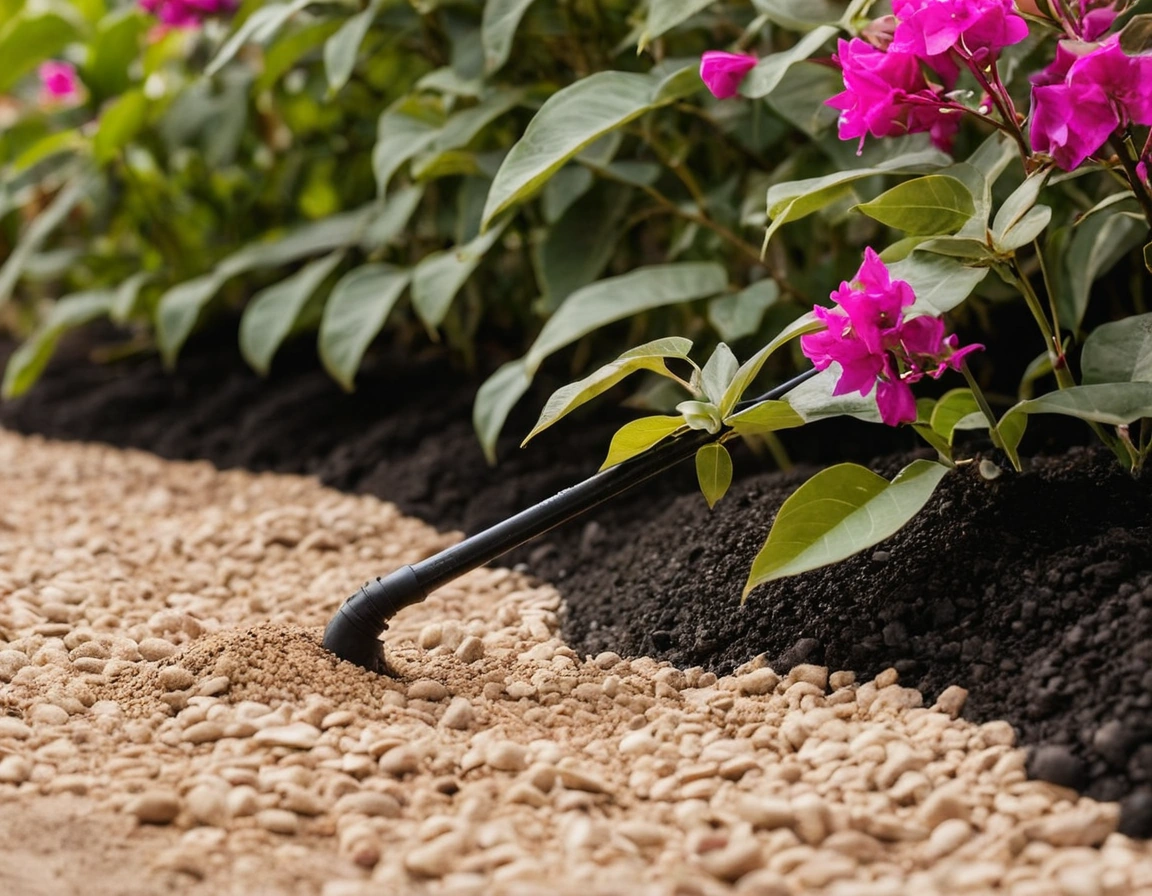 A drip irrigation line running beneath gravel mulch at the base of young sidr and bougainvillea plantings along a villa wall.