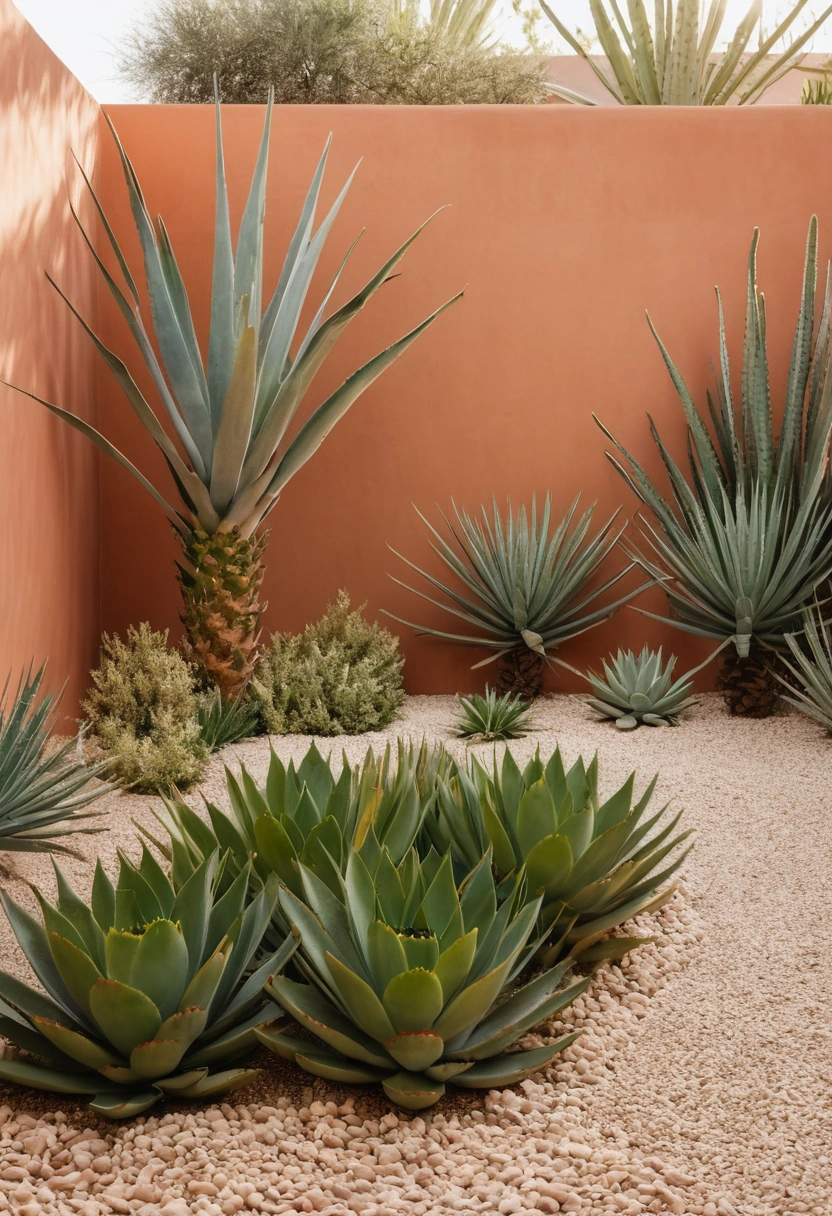 A walled villa garden where two small trees, agaves and gravel paths take the place of a lawn.