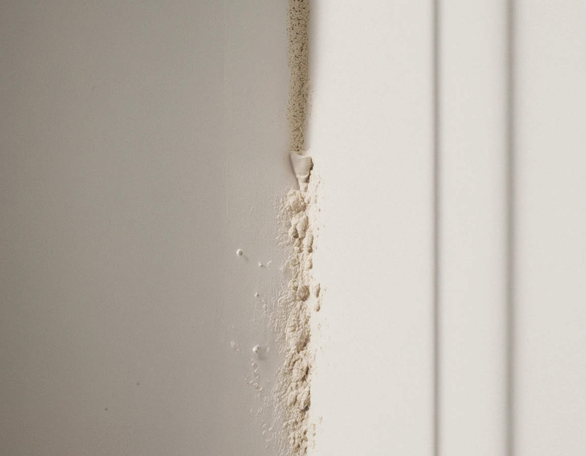A torch beam sweeping low across a white apartment wall, revealing shallow ripples and a patch of filled plaster near a socket.