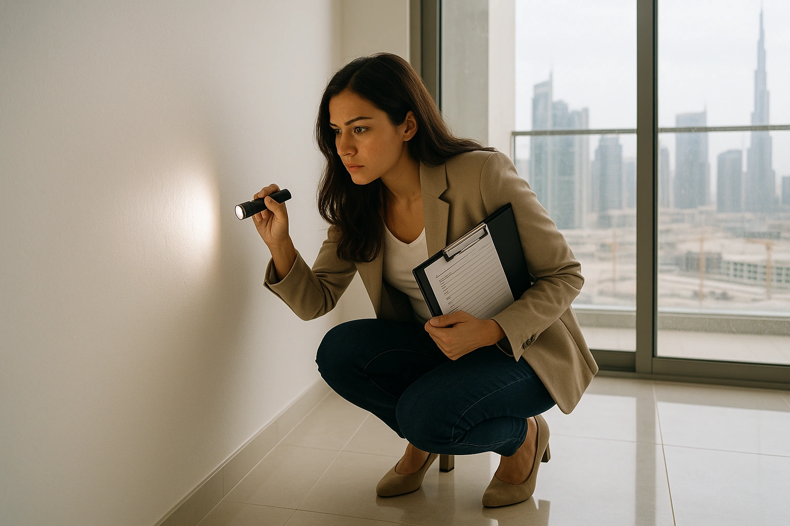 A woman crouching by a bare apartment wall, shining a torch at a raking angle across the paint with a clipboard under her arm.