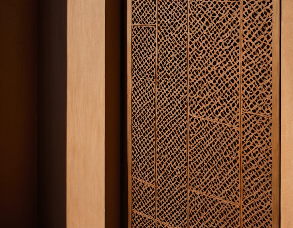 A pierced timber screen beside a tall window casting elongated geometric shadows across a plain plastered wall.