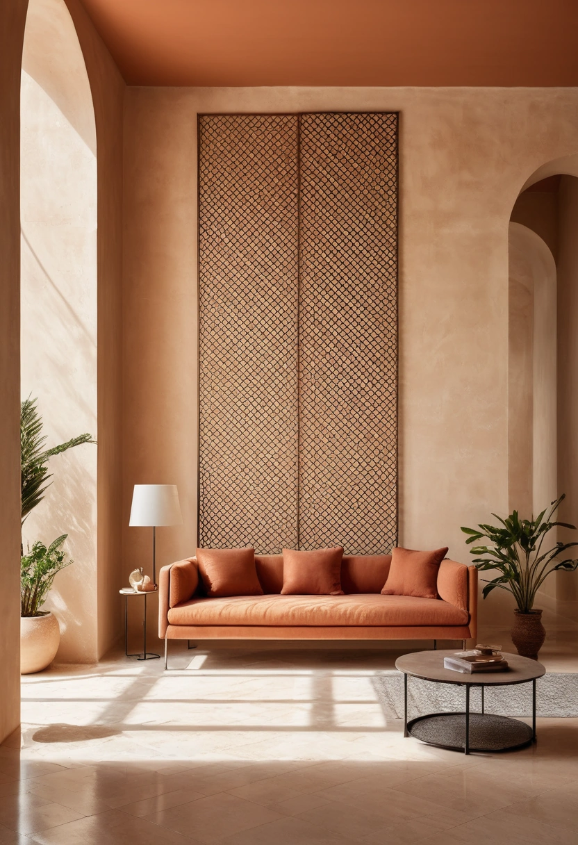A living room with one large-scale geometric metal screen, plain plastered walls, a linen sofa and patterned afternoon shadows on the floor.