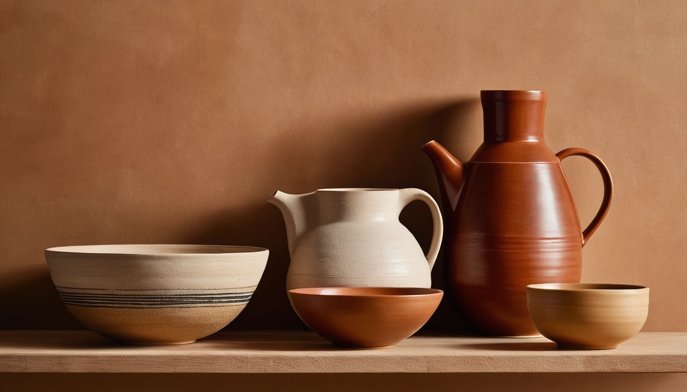 Hand-glazed ceramic jugs and bowls in terracotta, cream and ochre on an oak shelf against a warm clay-plastered wall.