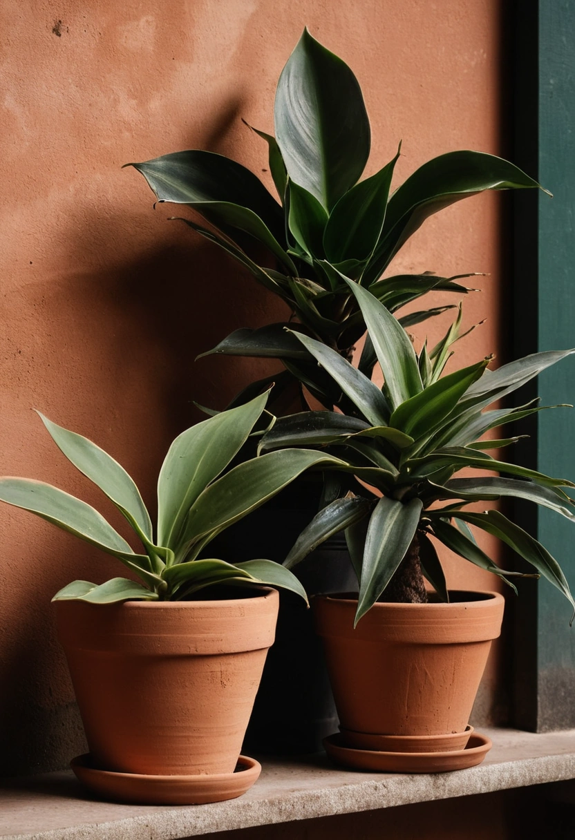 Weathered terracotta pots of varying sizes holding a cast-iron plant and a dracaena on a balcony ledge.