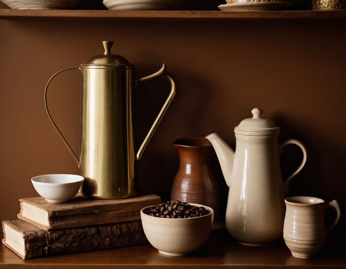 A brass coffee pot, a stack of glazed ceramic bowls and a carved wooden box grouped at one end of a timber shelf.