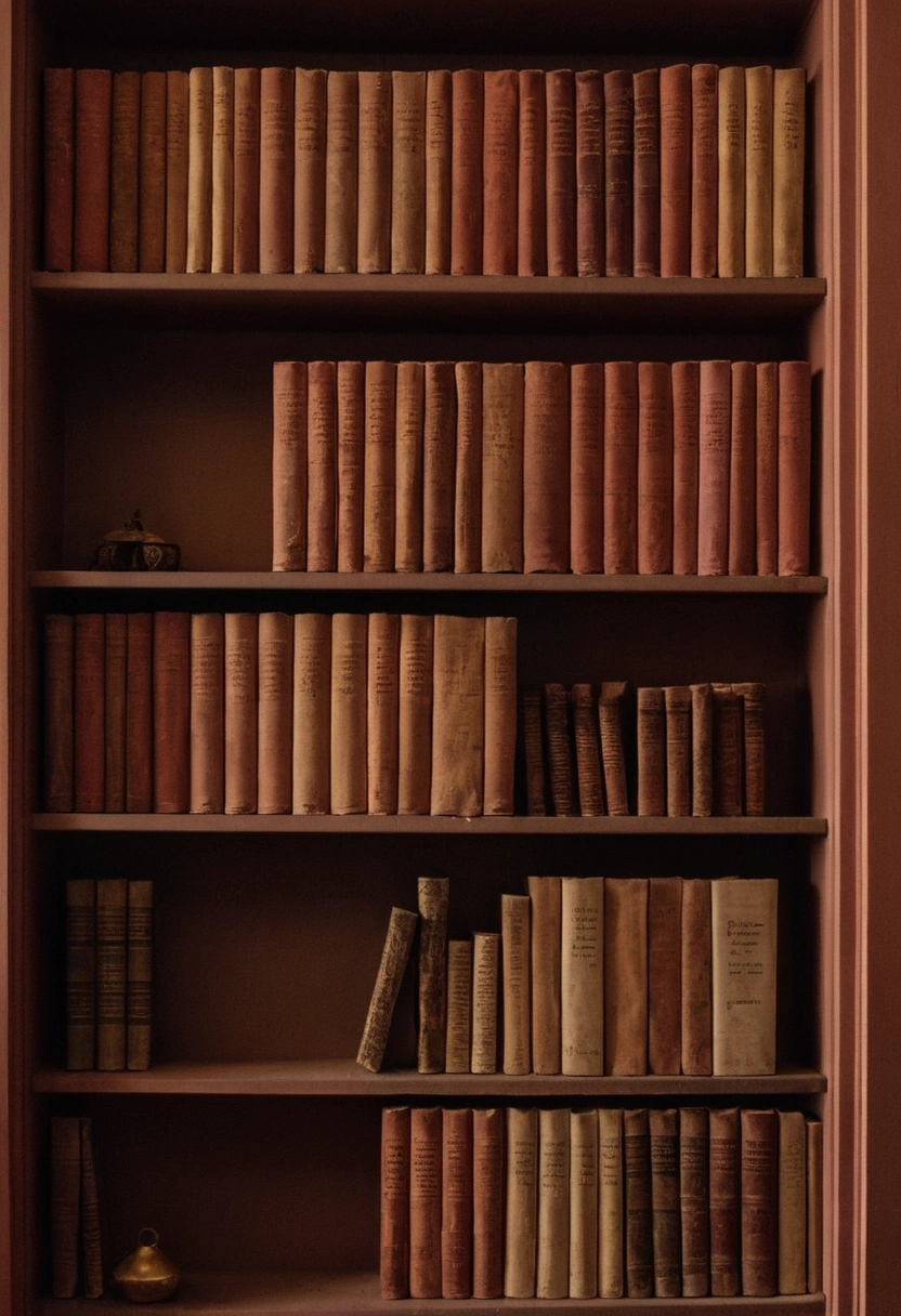 A bookcase packed tight with well-read books, their worn spines shading from rust to brown.
