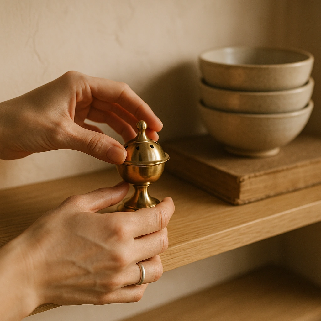 A woman's hands setting a small polished brass incense burner on an oak shelf beside stacked ceramic bowls and a worn book.